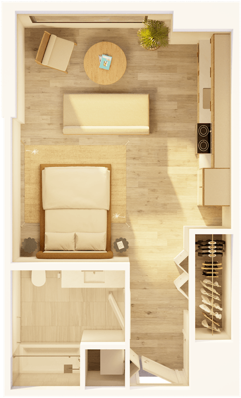 Floor plan for studio, 1 bath, 496 sqft